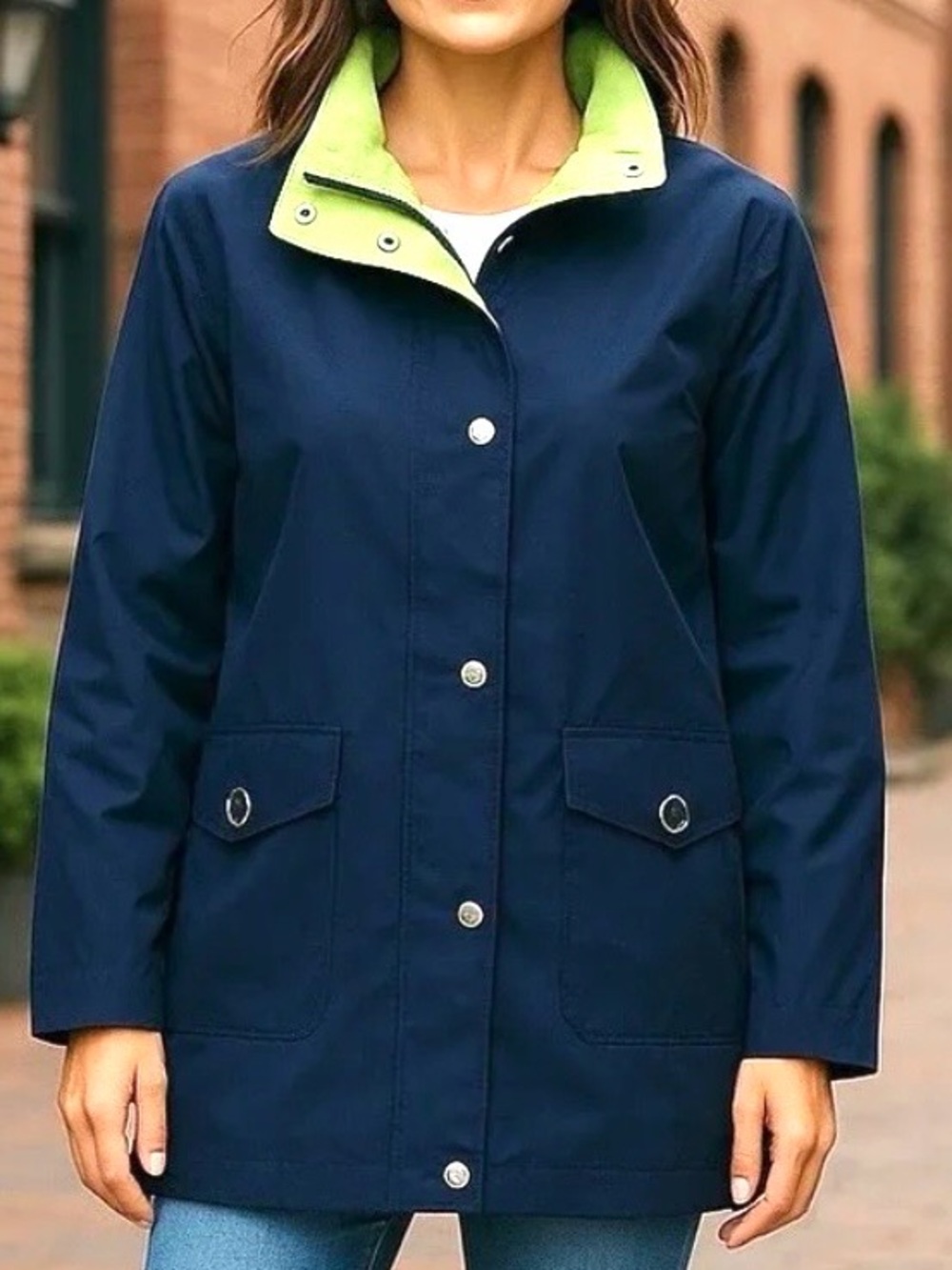 Mackintosh New England Sz 1X Hooded Rain Jacket Navy Green Collar Nautical Lined